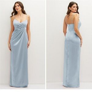 Dessy Thread Asymmetrical Draped Pleat Wrap Satin Blue Maxi Dress NWT Size M